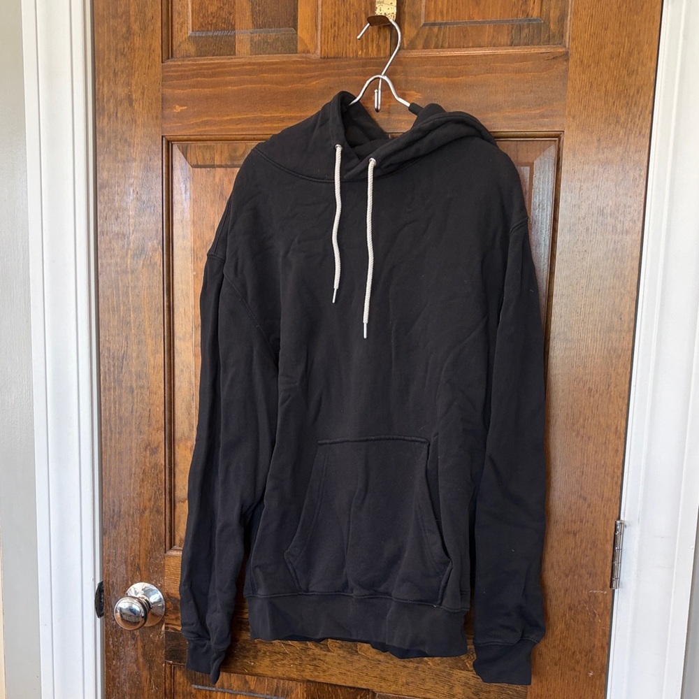 Frame Denim Black Pullover Hoodie with White Drawcords
